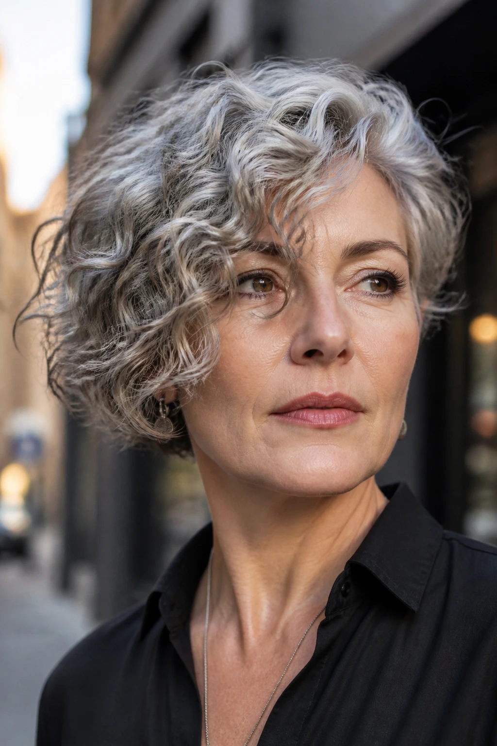 Close-up portrait of a real person with an asymmetrical curly bob