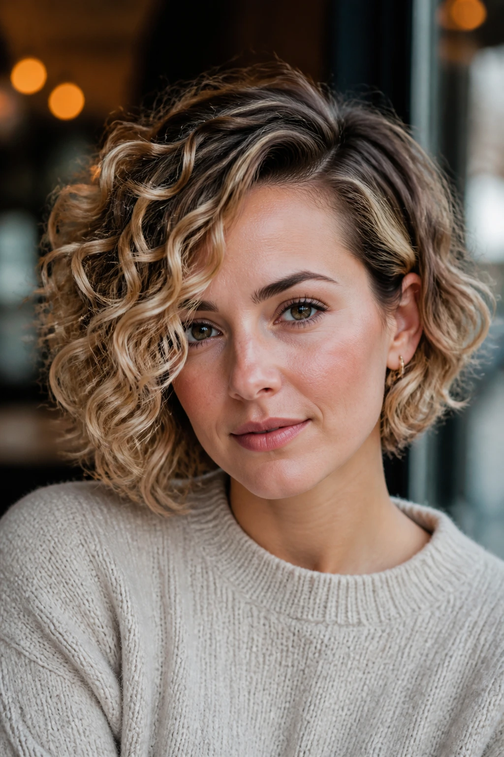 Asymmetrical curly bob with a deep side part on a real person