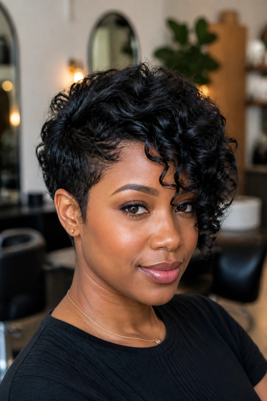 Close-up of a real Black woman with an asymmetrical curly crop