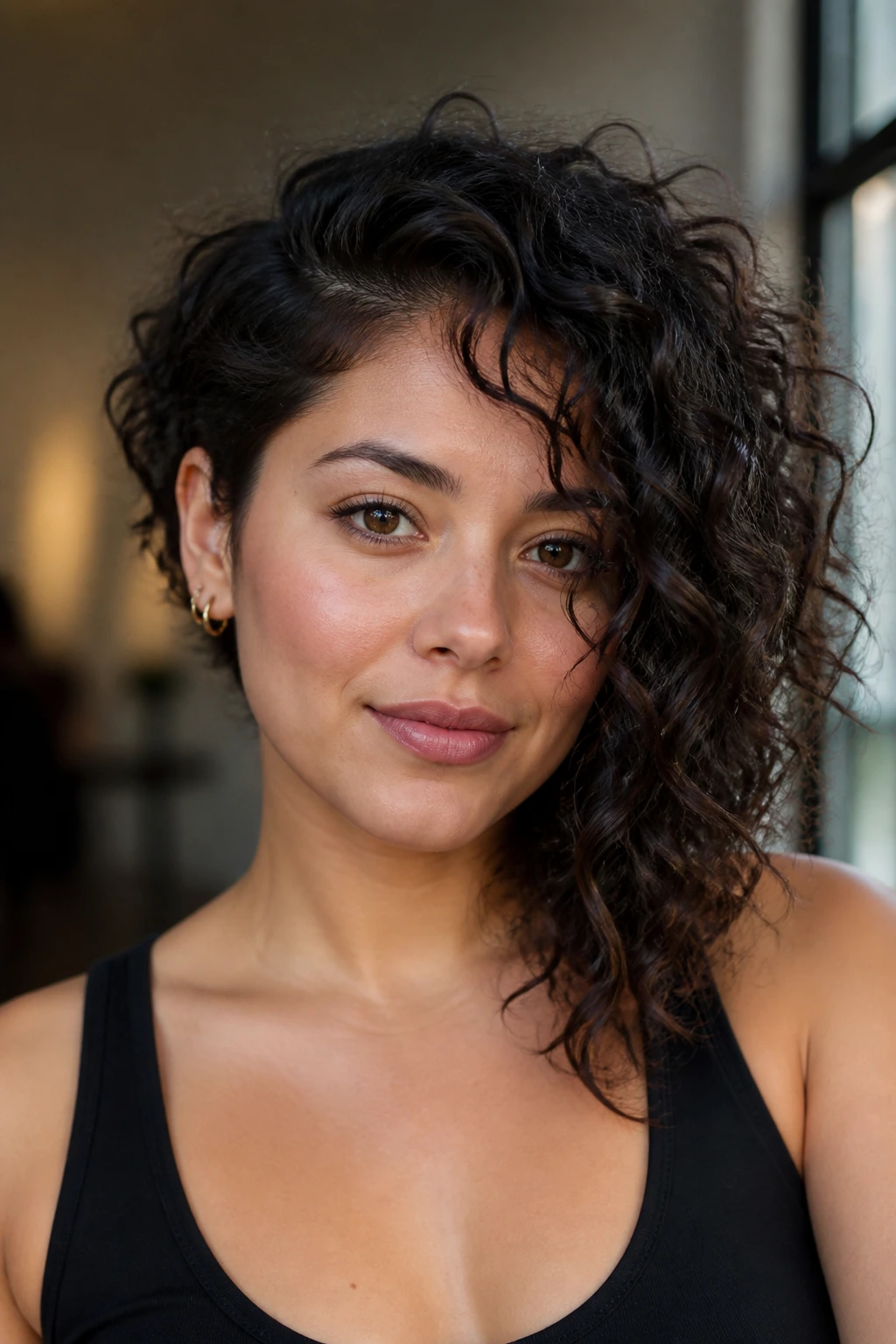 Real woman with asymmetrical curly cut featuring a longer front and structured side, soft lighting