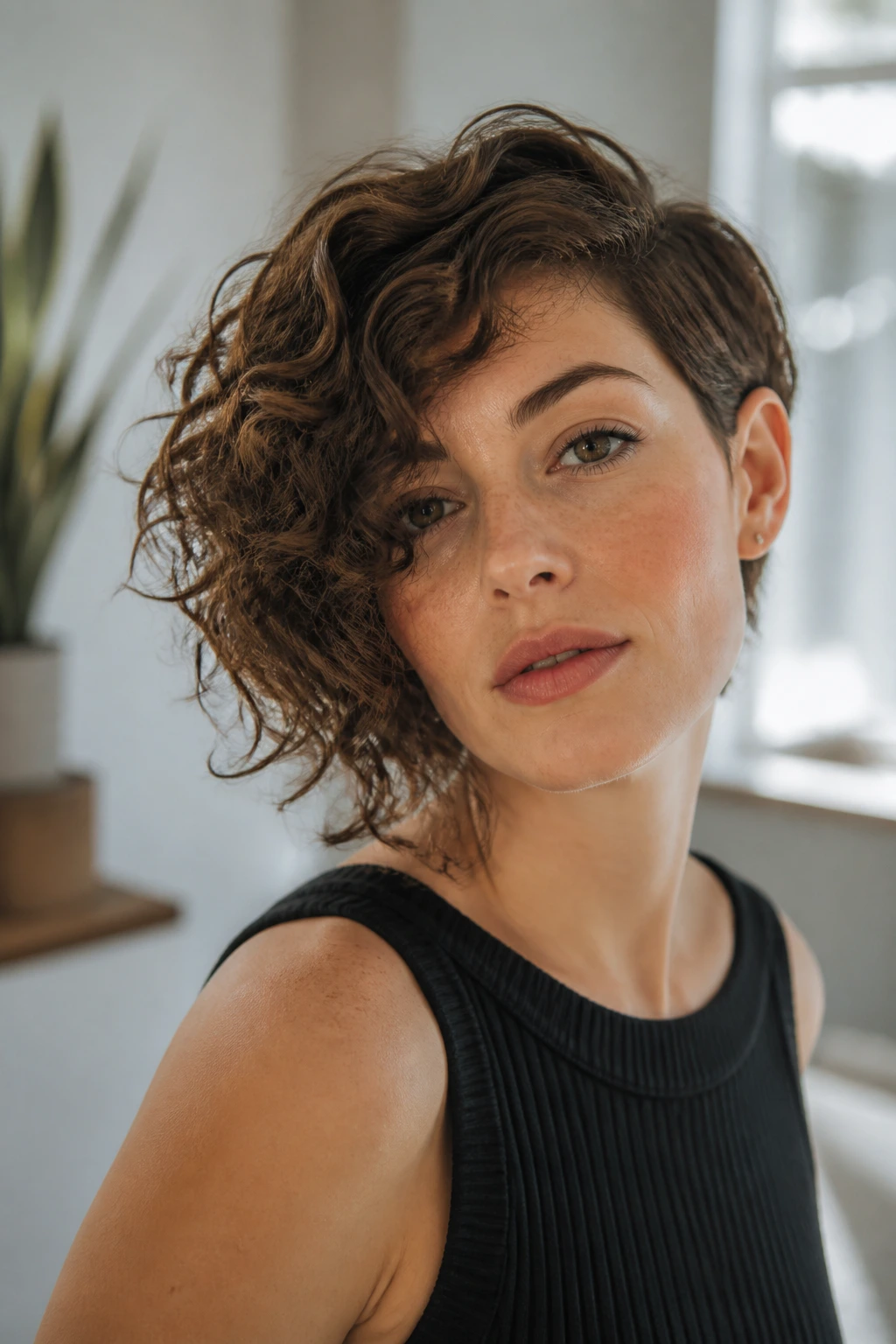 Close-up of a real person with an asymmetrical curly cut showing one side longer than the other.