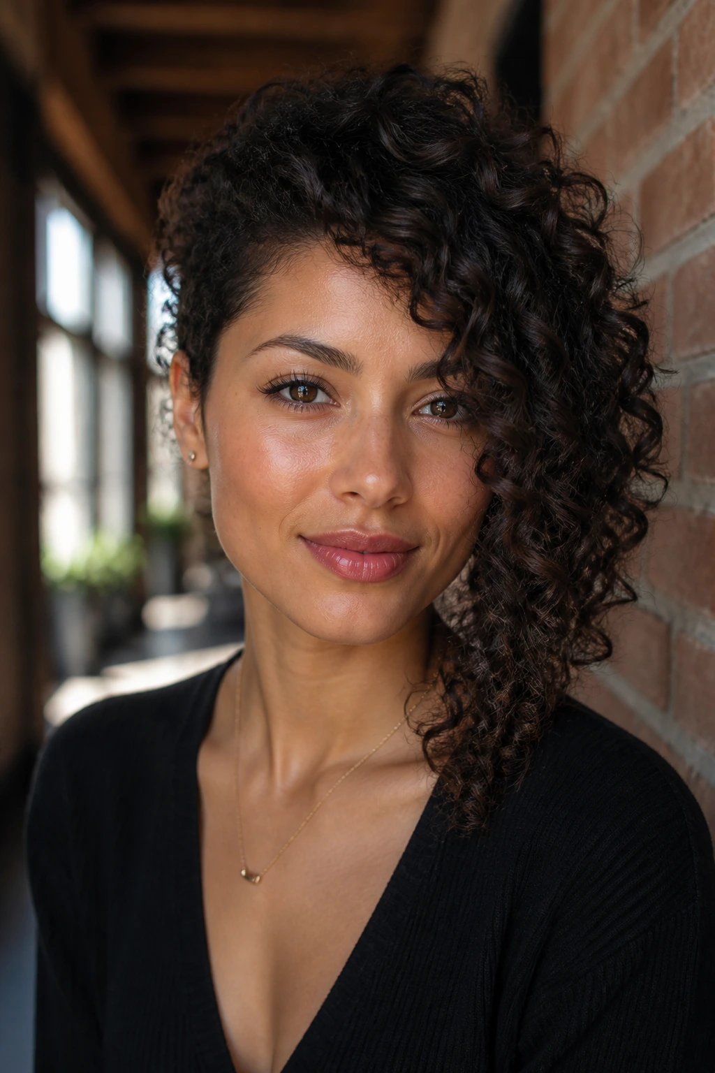 Real woman with asymmetrical curly cut featuring one longer side