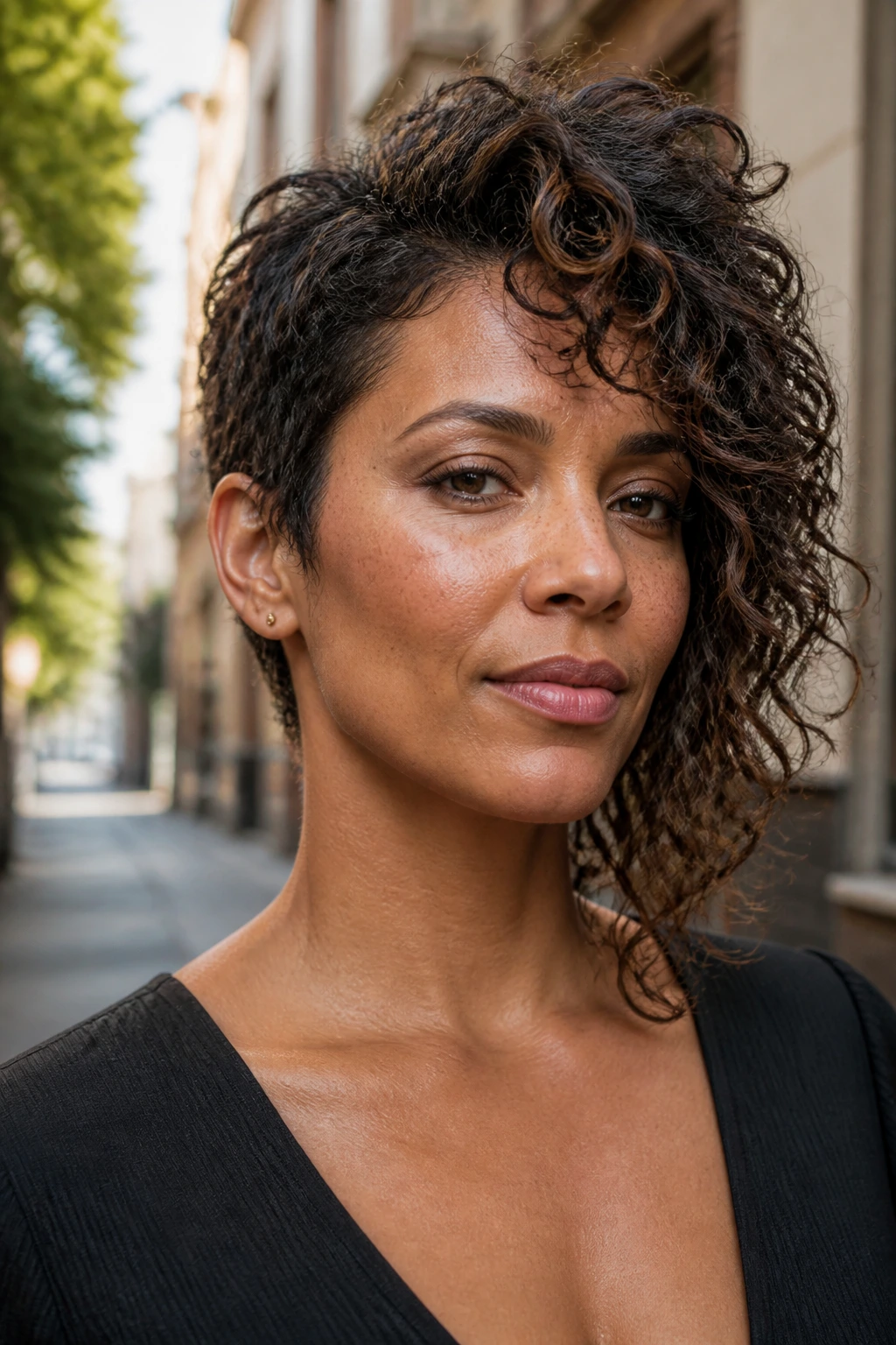 Close-up of a real woman with an asymmetrical curly cut