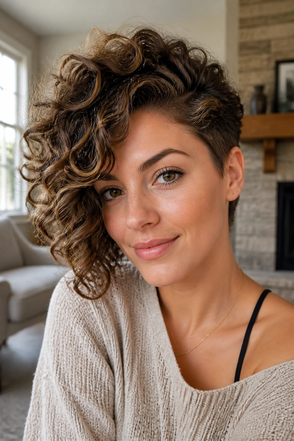 Portrait of real person with asymmetrical curly cut and side sweep
