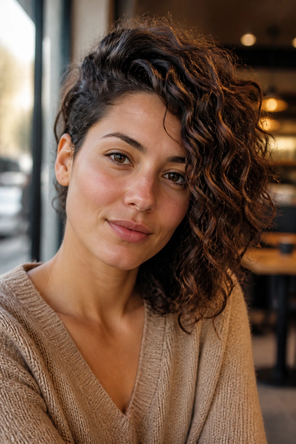 Close-up of a real woman with an asymmetrical curly cut and smoked cocoa lowlights