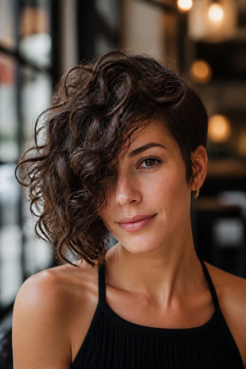 Real person with asymmetrical curly haircut and side sweep