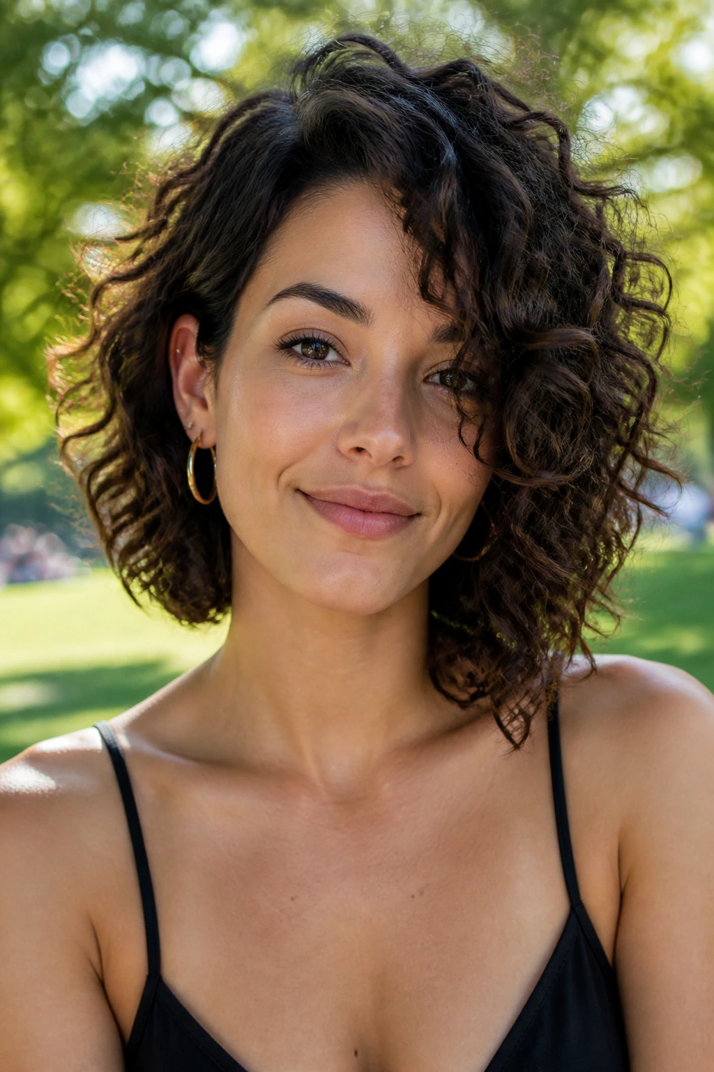 Close-up of a real person with Asymmetrical Curly Lob in outdoor park lighting.