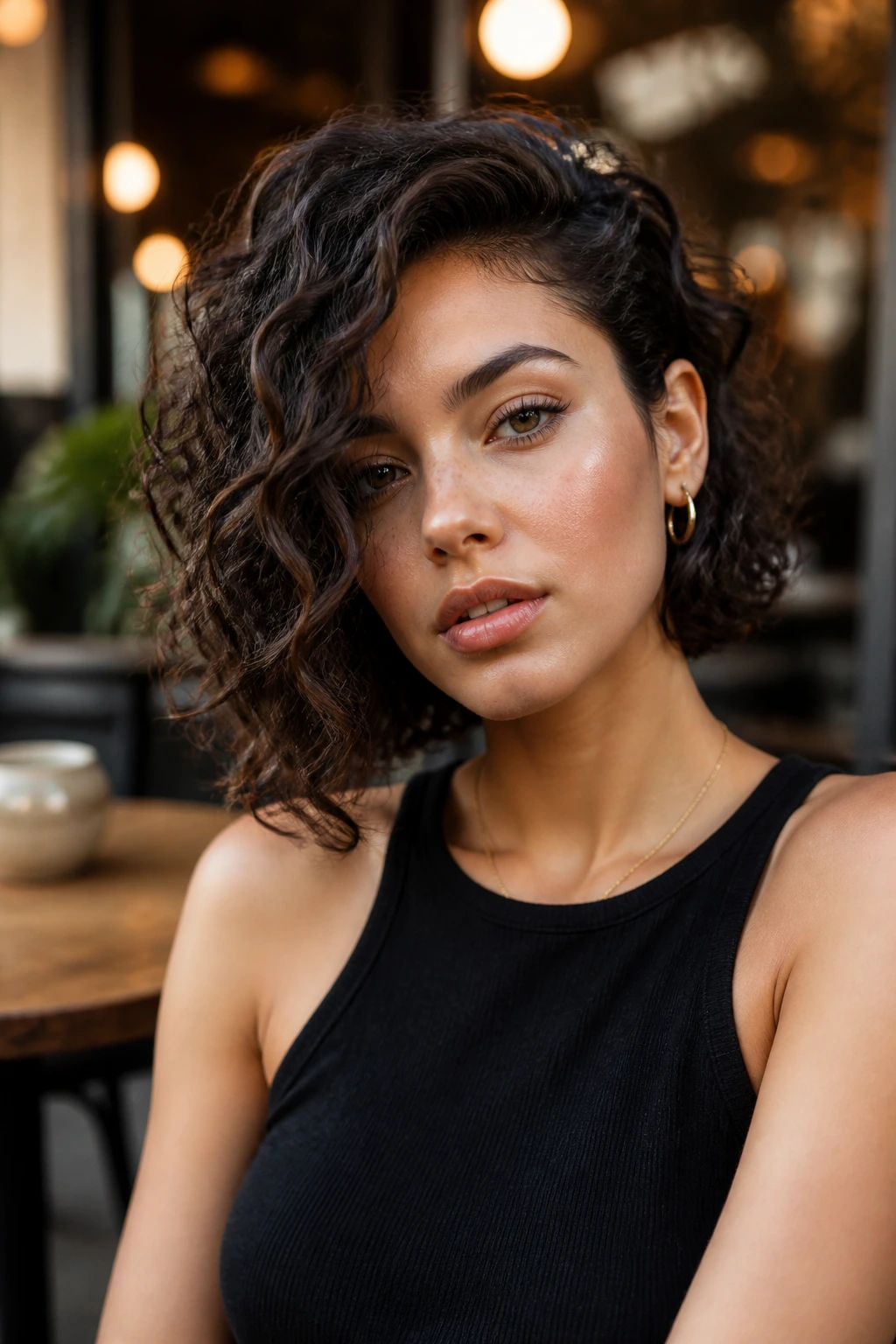 3/4 portrait of a real woman with asymmetrical curly lob showing a longer side for edge
