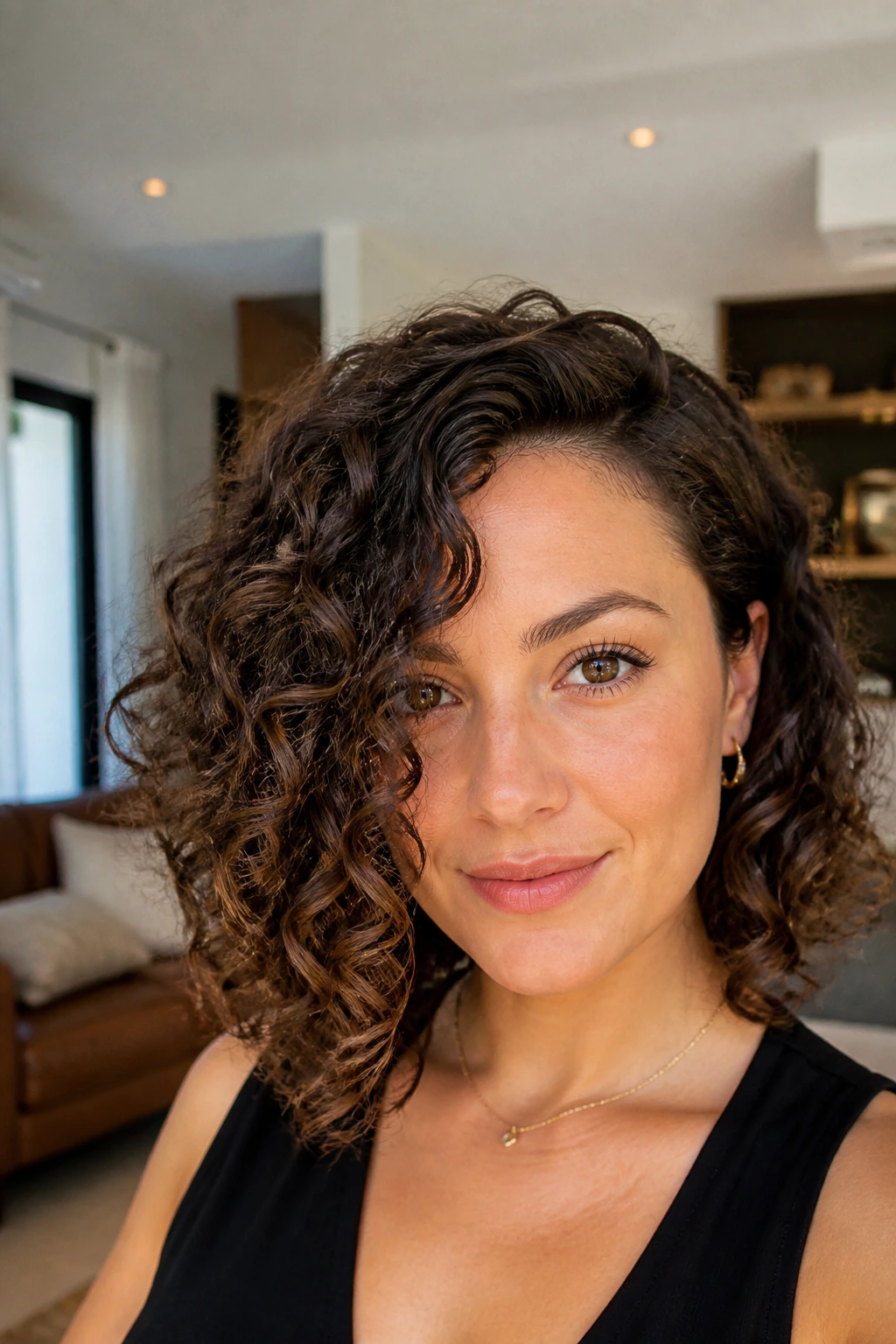Real woman with asymmetrical curly lob, one side longer, portrait