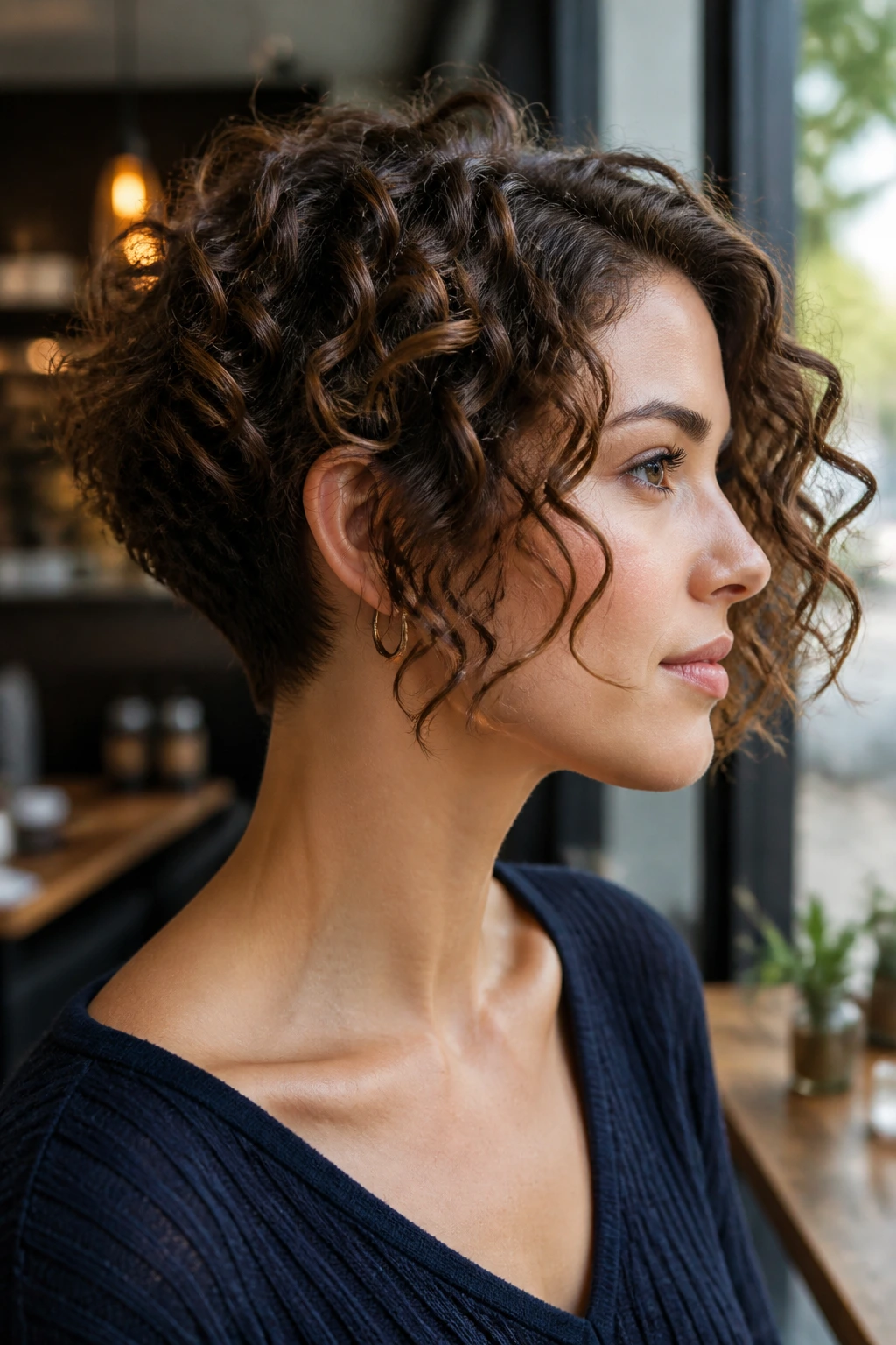 Side-profile of real woman with face-framing asymmetrical curly cut and exposed nape