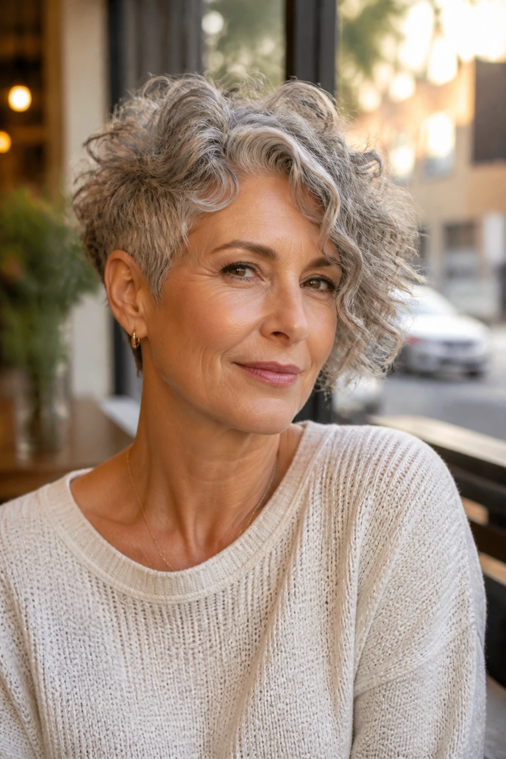 Portrait of a woman with an asymmetrical curly pixie with a longer side