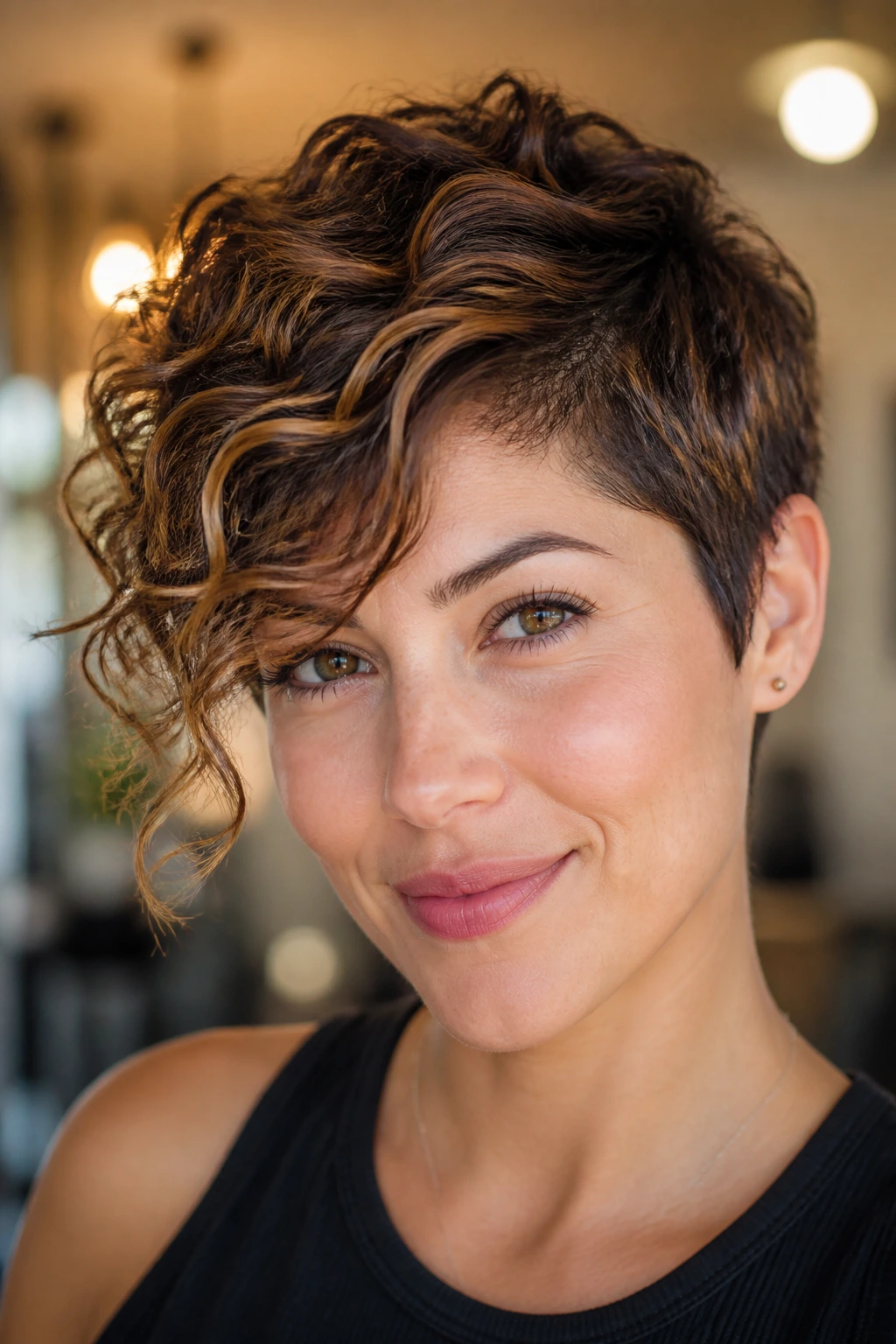 Real woman with asymmetrical curly pixie and side sweep