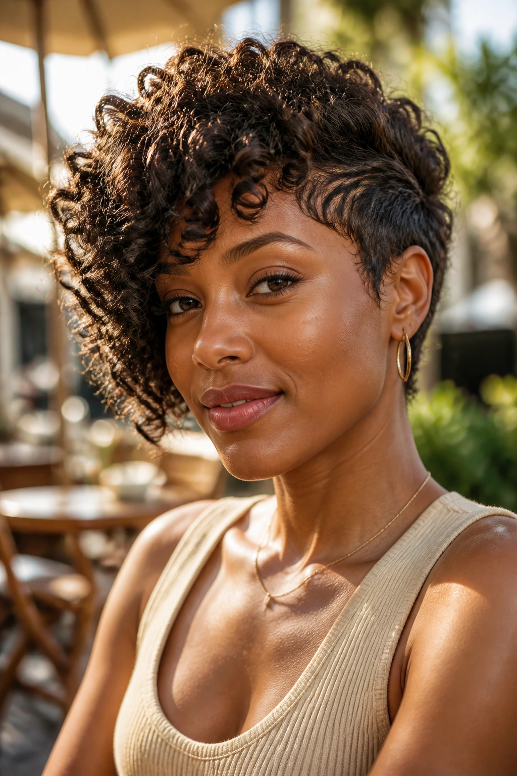 Medium close-up of a real Black woman with an asymmetrical curly shag hairstyle