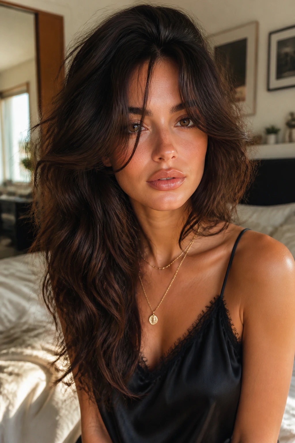 Close-up portrait of a real woman with asymmetrical curtain pieces in thick hair