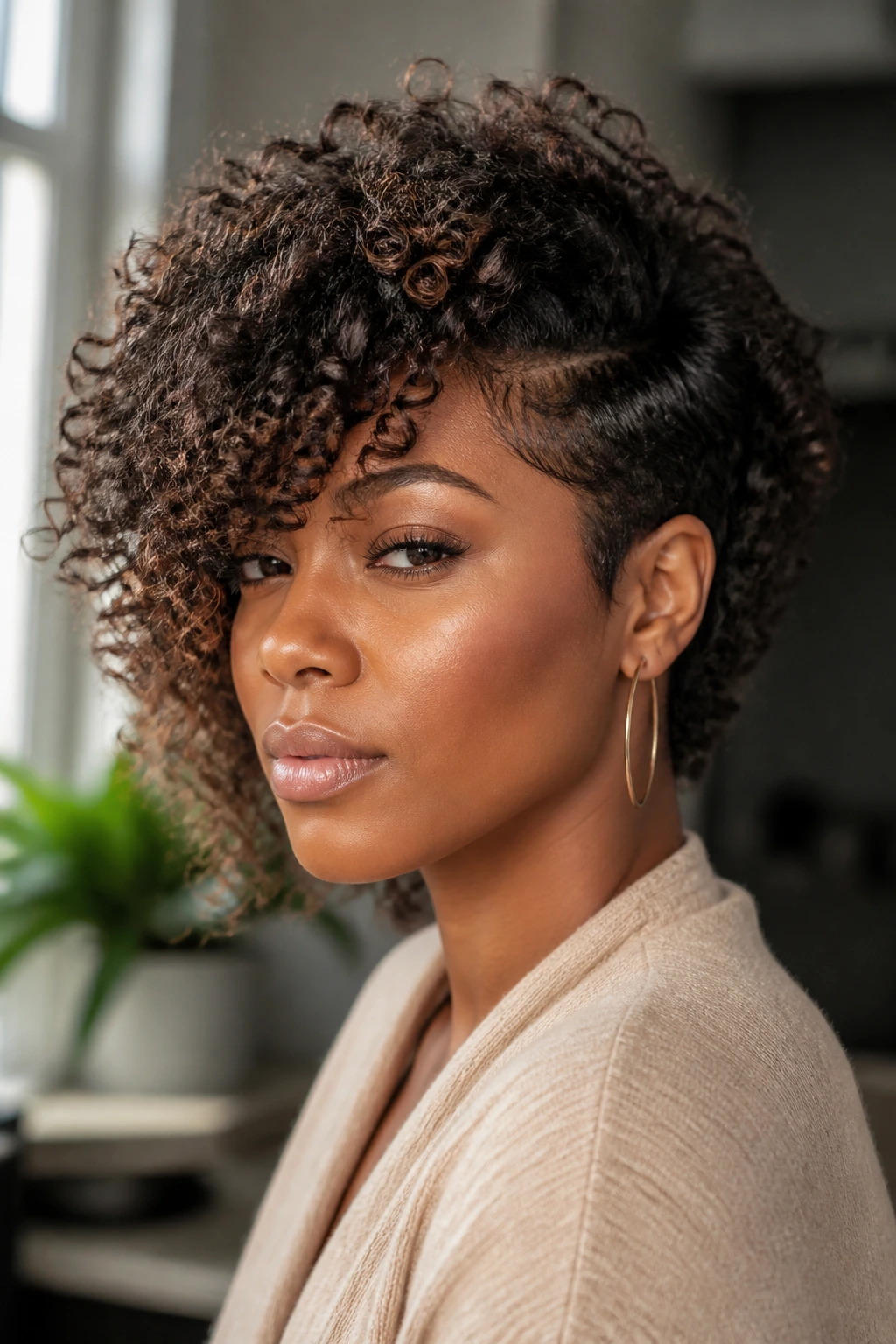 Close-up of a Black woman with an asymmetrical layered cut breaking the box