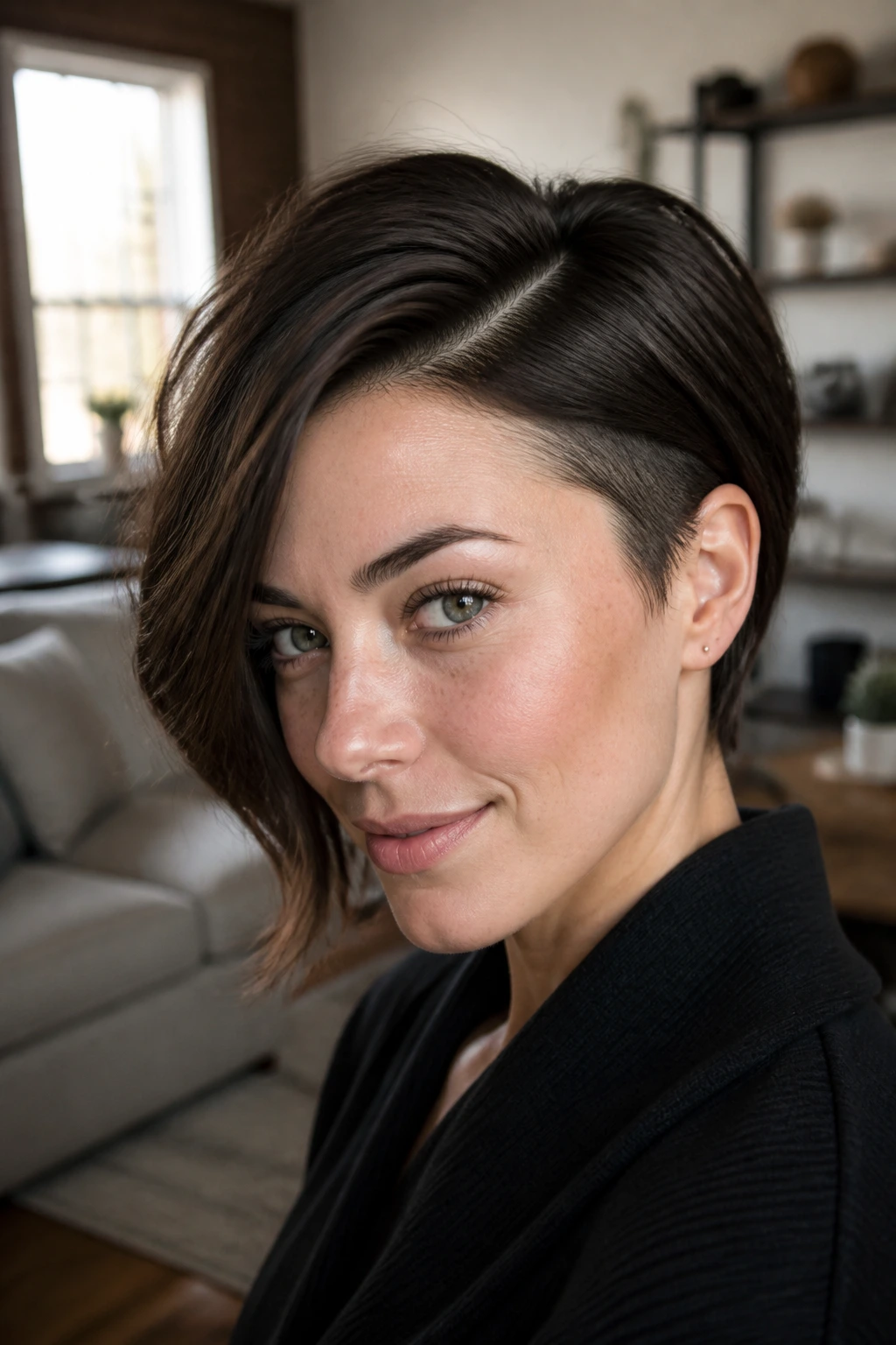 Close-up of a real person with an asymmetrical deep side part