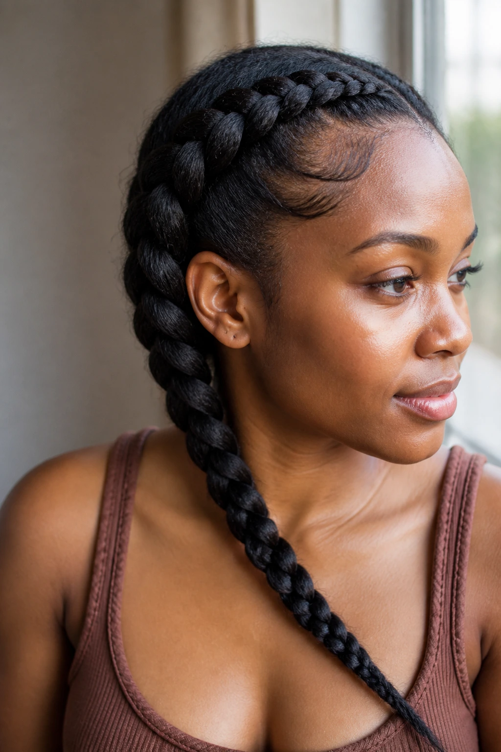 Close-up of a real person with an asymmetrical Dutch braid swept over one shoulder in natural light