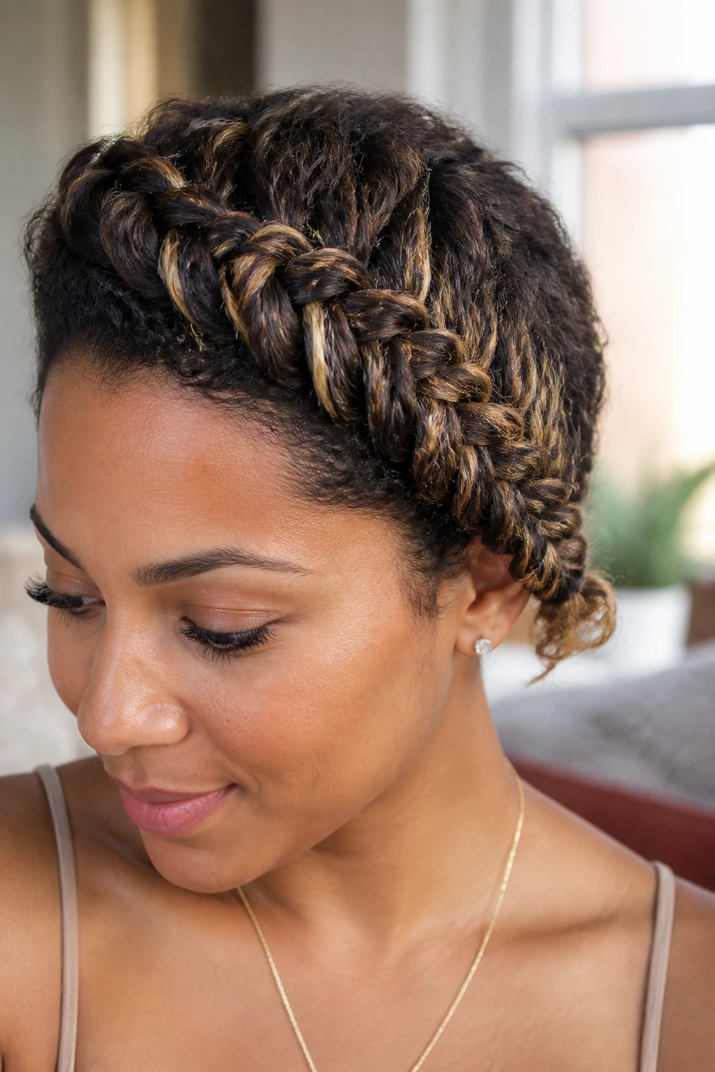 Close-up of a real woman's asymmetrical Dutch braid swoop with babylights