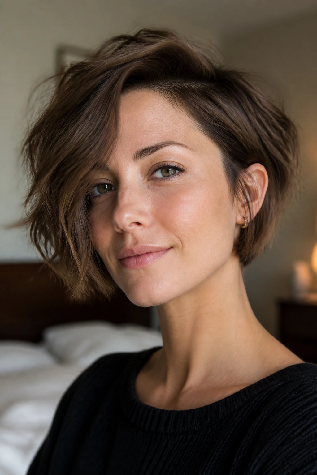 Close-up portrait of a woman with an asymmetrical ear-grazing bob showing a longer front piece and tucked shorter side.