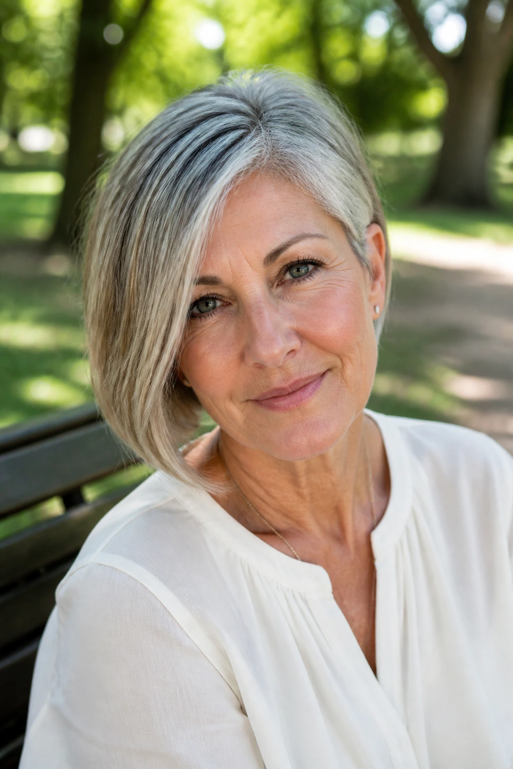 Close-up portrait of a real woman with an asymmetrical face frame cut