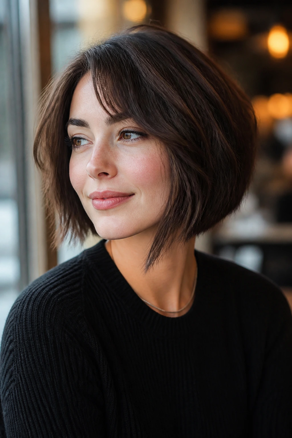 Close-up portrait of a real woman with subtle asymmetrical French bob