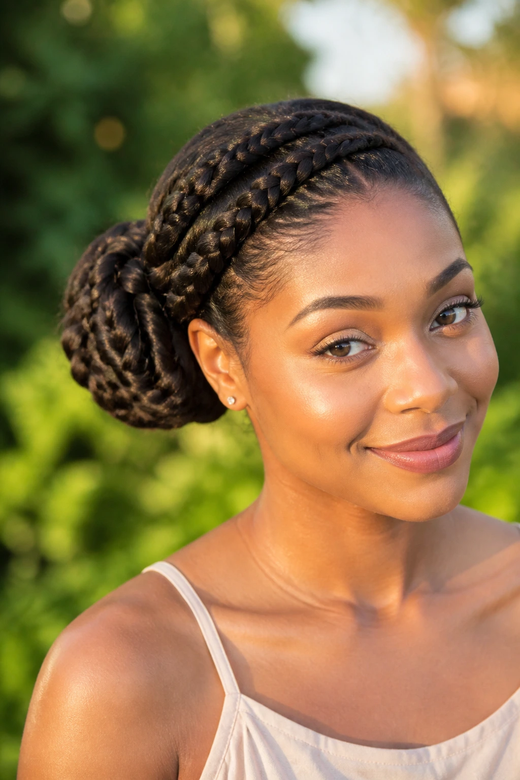 Close-up portrait of a person with an off-center French braided bun