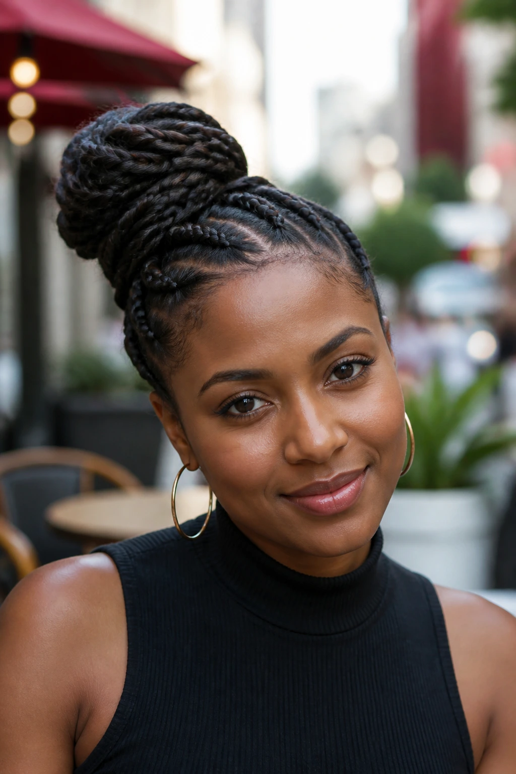 Close-up portrait of a real woman with an off-center asymmetrical braided bun