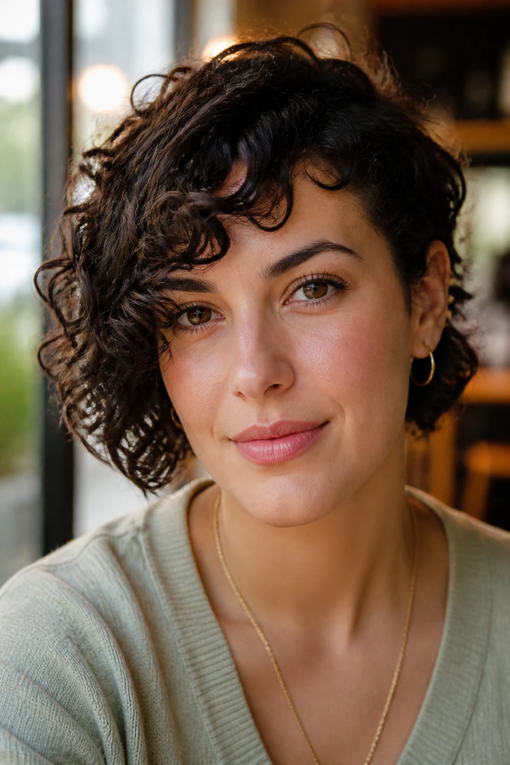 Close-up of a real woman with asymmetrical fringe on curly hair in a sunlit cafe