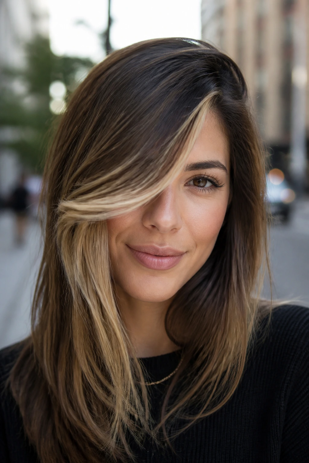 Portrait of a real woman with an asymmetrical fringe and deep side part in daylight