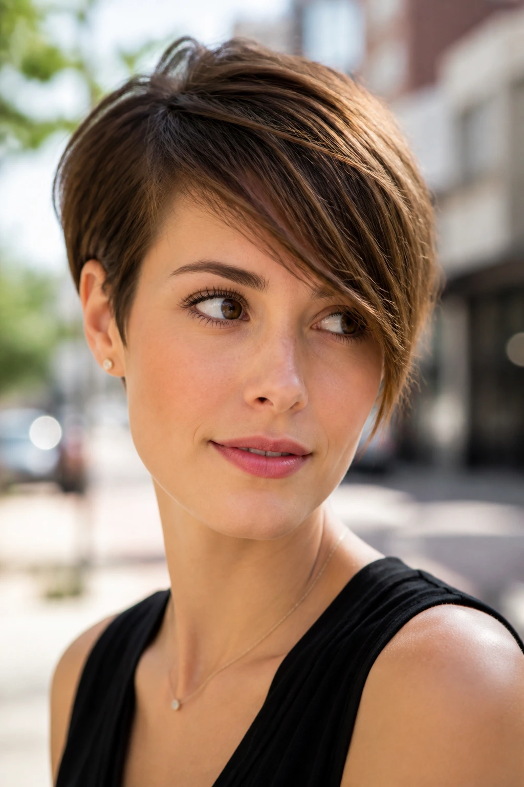 Portrait of a person wearing an asymmetrical fringe sweeping diagonally across the forehead.