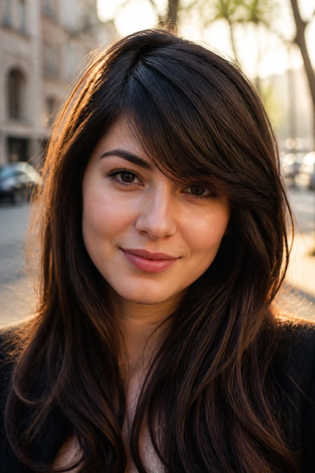 Close-up of a real woman wearing an asymmetrical soft fringe with side-parted styling outdoors at golden hour