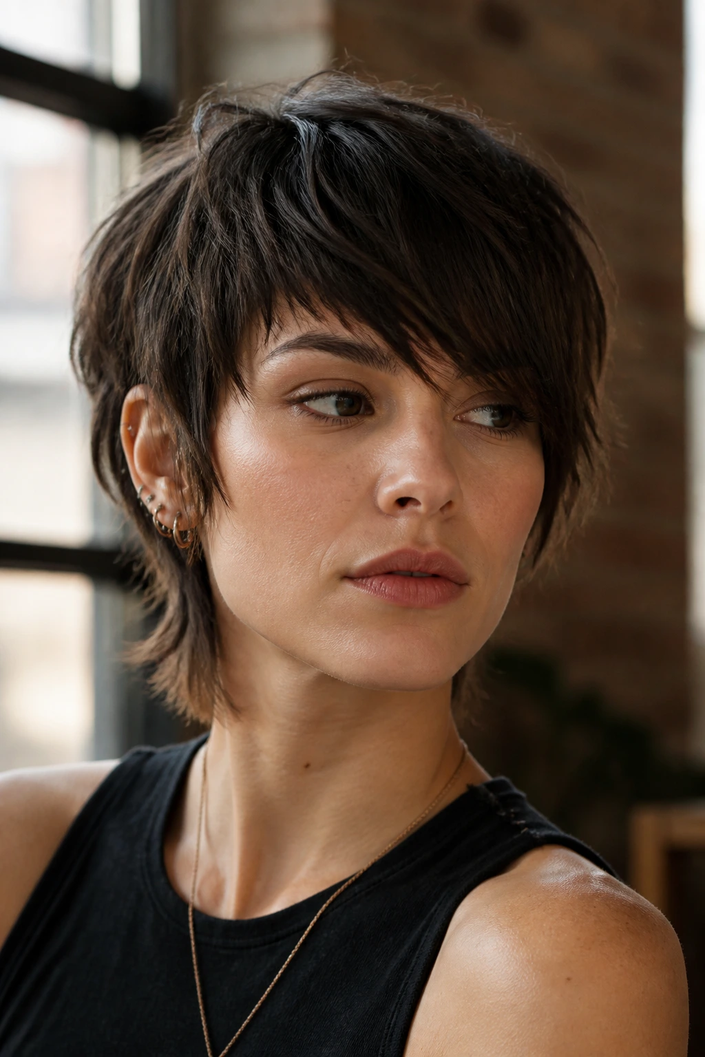 Close-up portrait of a real person with asymmetrical fringe on a short shag in a moody loft