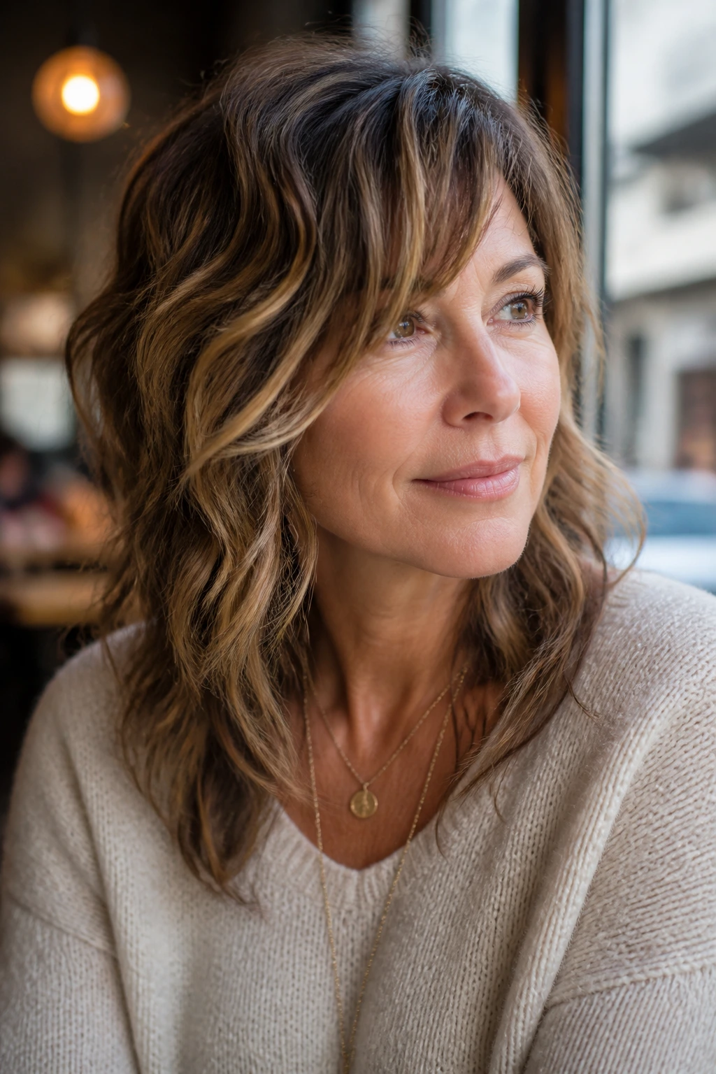 Close-up of a real woman with an asymmetrical fringe and waves