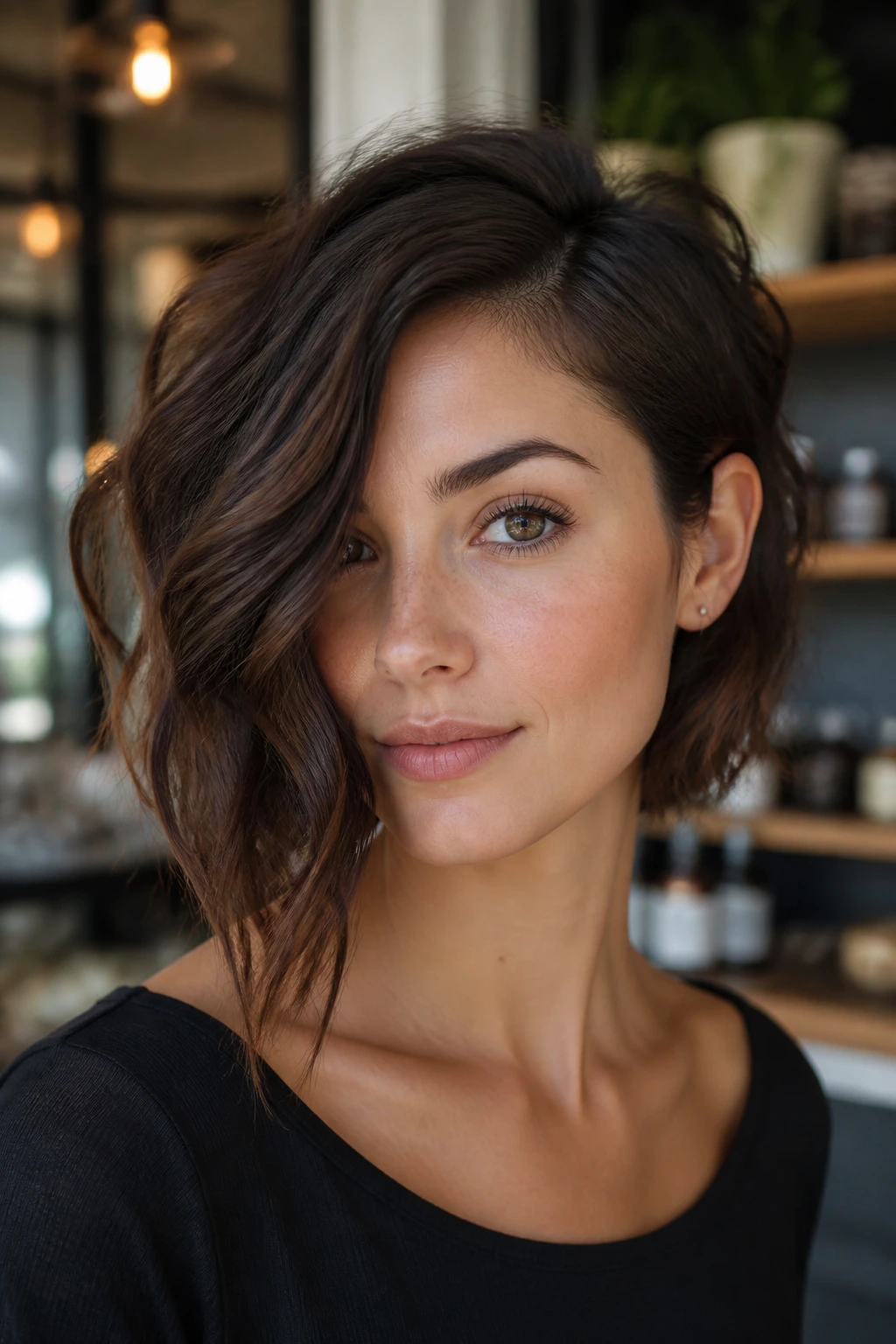 Portrait of woman with asymmetrical front-heavy bob showing longer front panel
