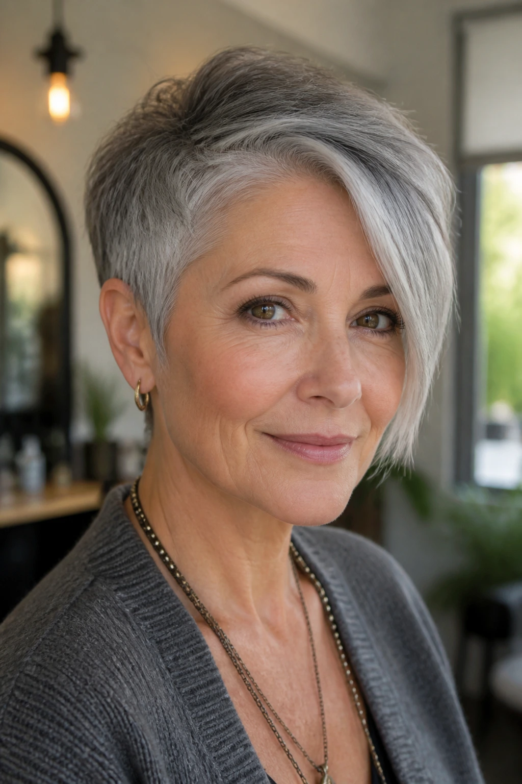 Close-up portrait of a real woman with asymmetrical grow-out gray hair pixie