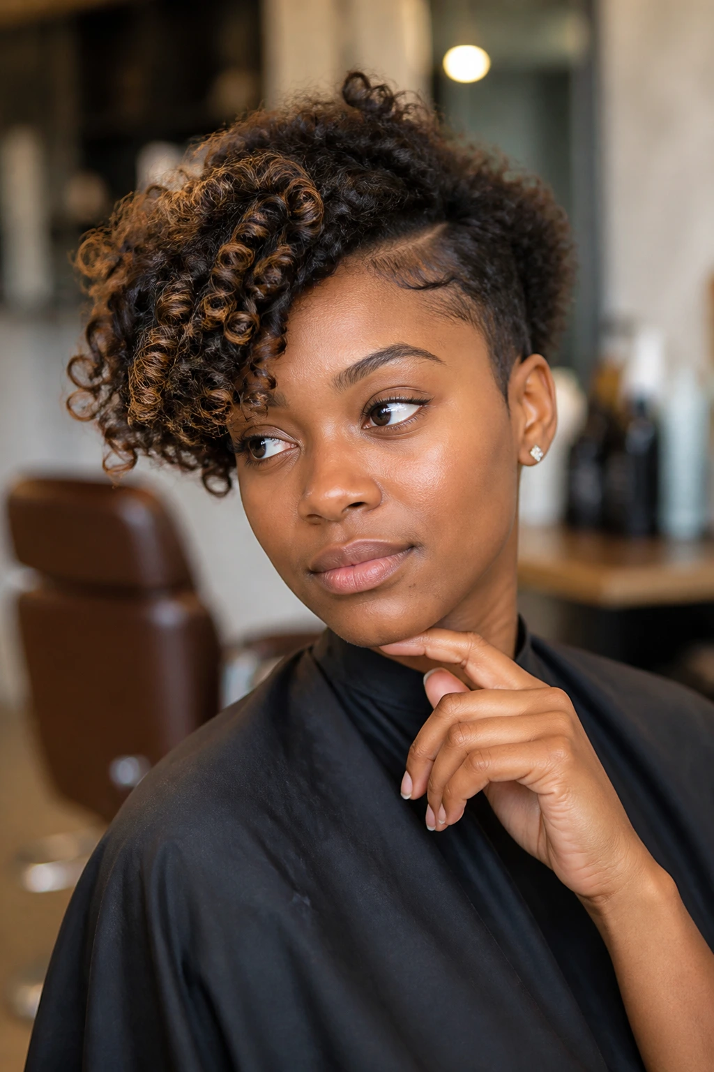 Close-up of a real Black woman considering questions about an asymmetrical short curly haircut
