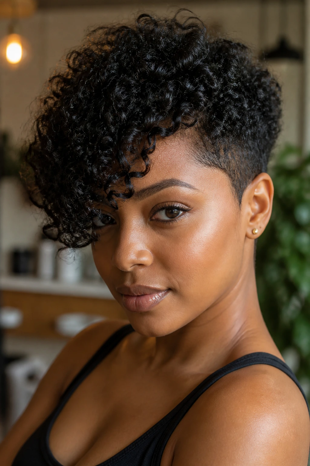 Close-up of a real Black woman with a definitive asymmetrical short curly haircut showing direction