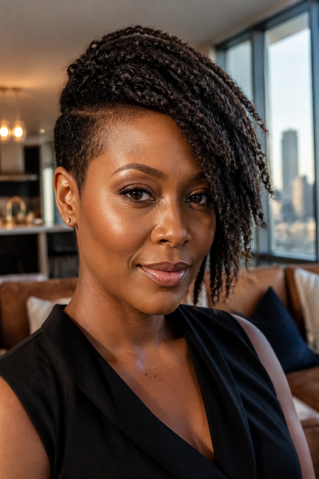 Close-up of a real woman with an asymmetrical layered cut.