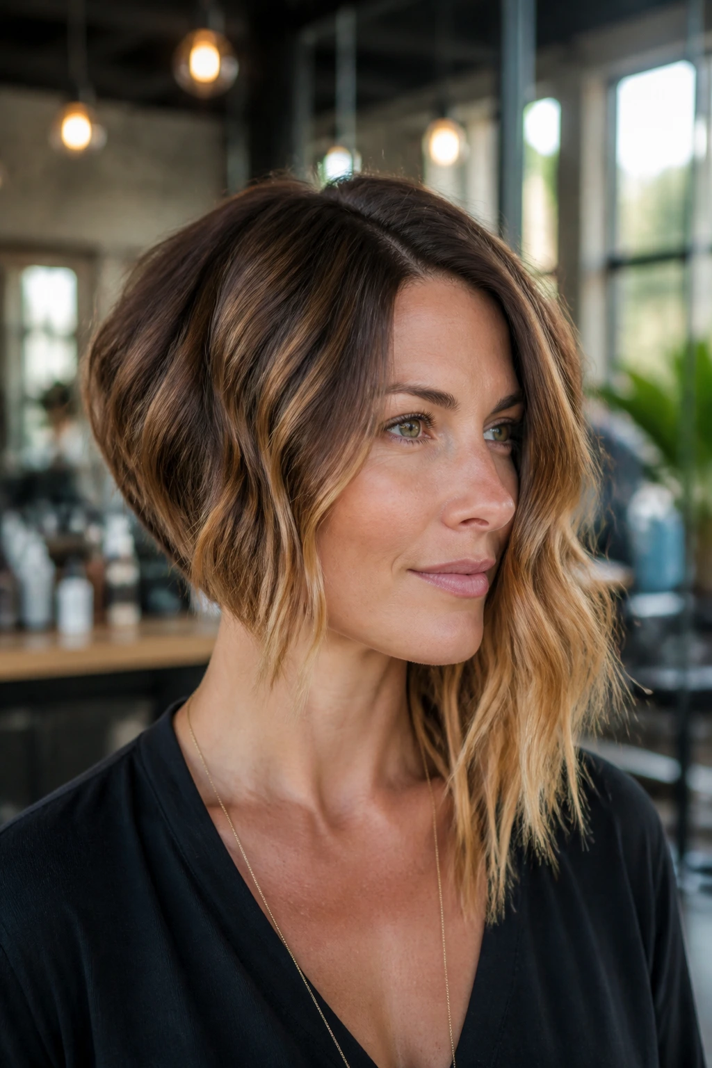 Three-quarter portrait of a real woman with an asymmetrical inverted bob and longer side caramel highlights