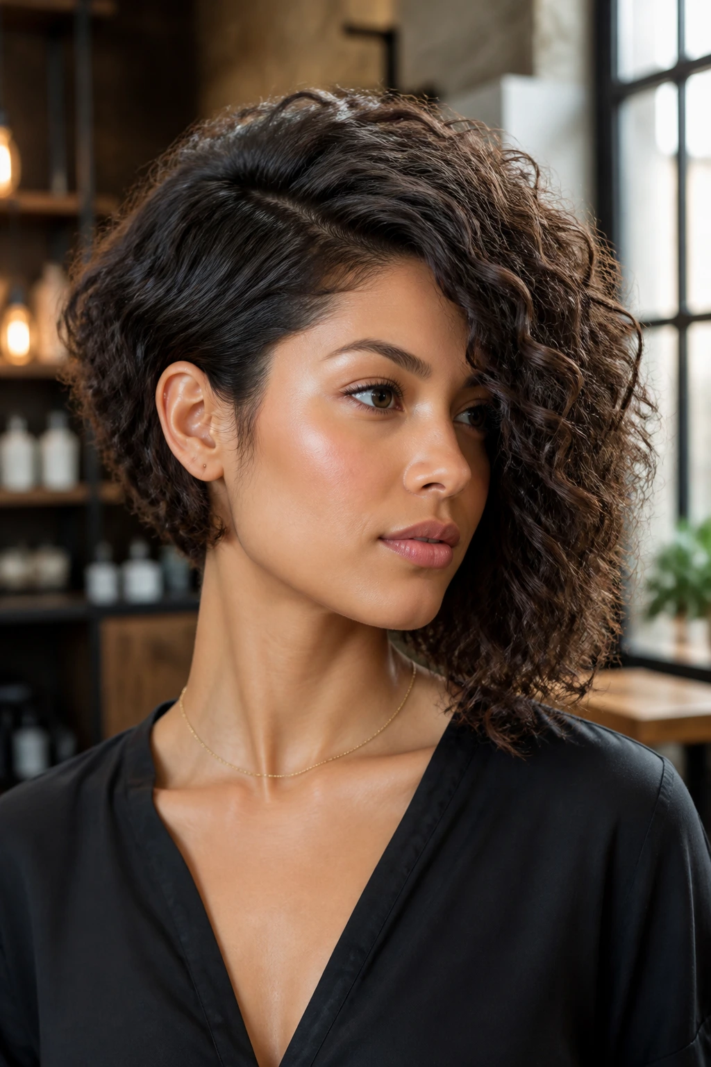 Close-up of a real woman with an asymmetrical inverted bob showing a 1–1.5 inch length difference