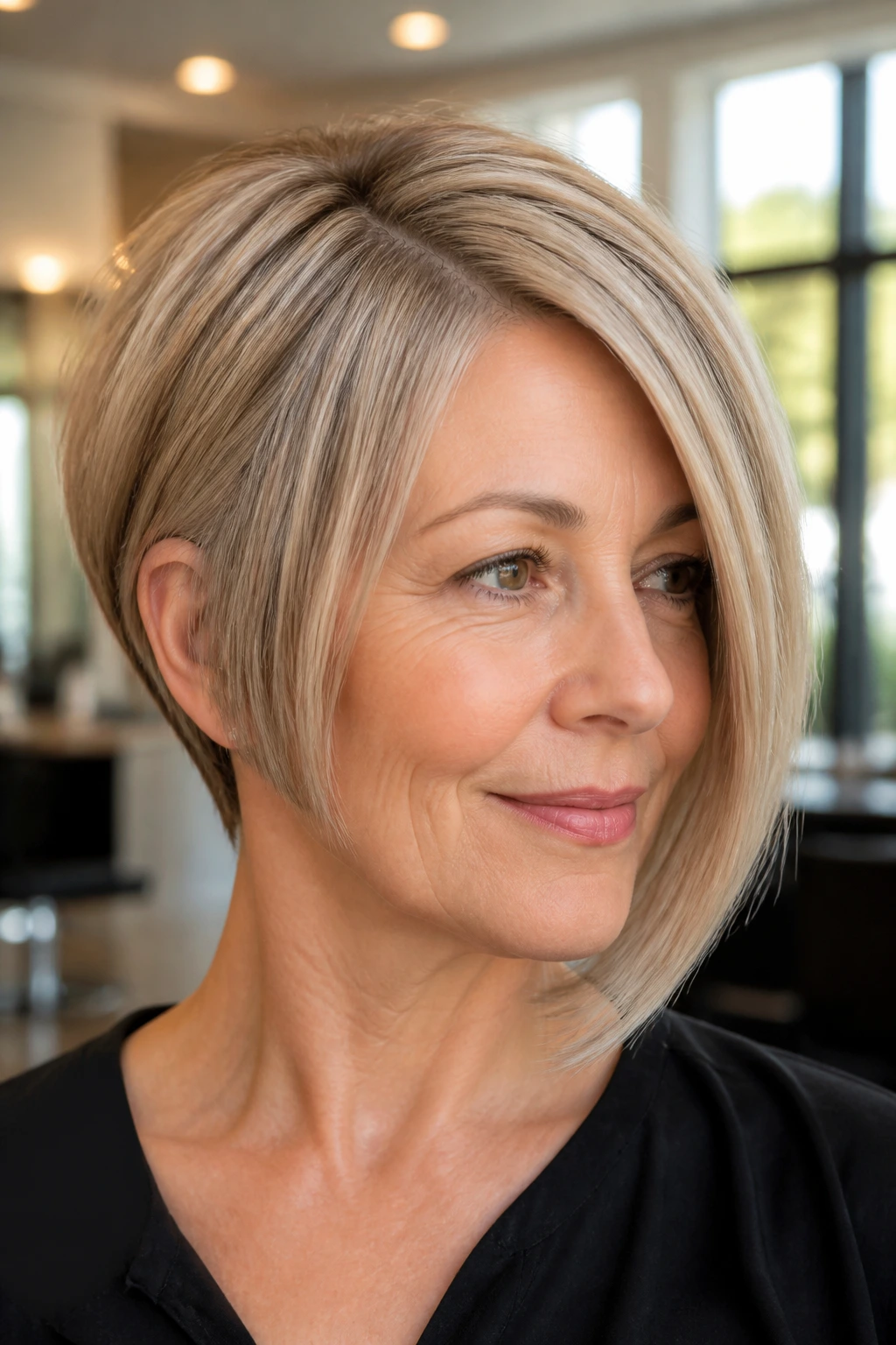 Close-up of a real woman with an asymmetrical inverted bob showing longer and shorter sides