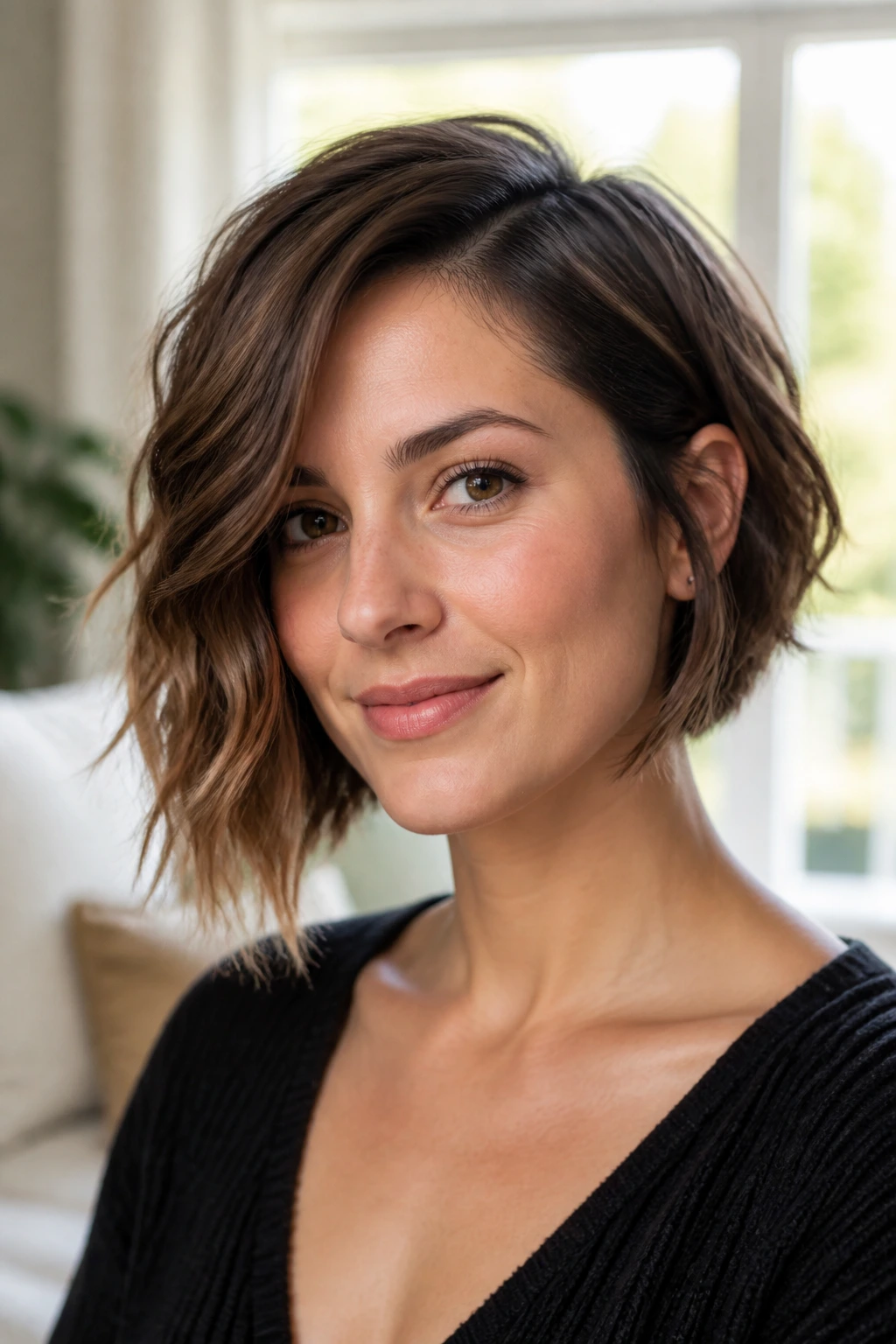 Close-up portrait of a real woman with an asymmetrical jawline bob and wavy texture in a softly lit living room