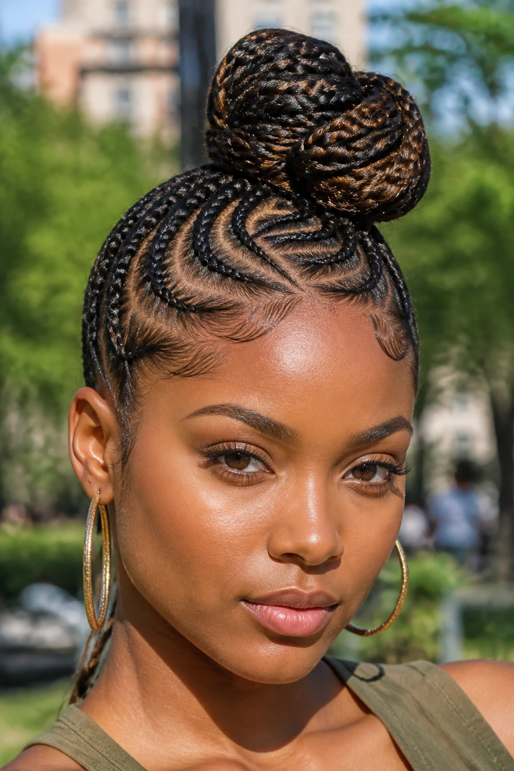 Real person with asymmetrical knot bun in sunlit park