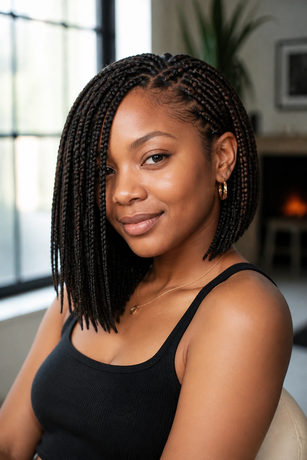 Portrait of a real person with an asymmetrical knotless lob, one side longer