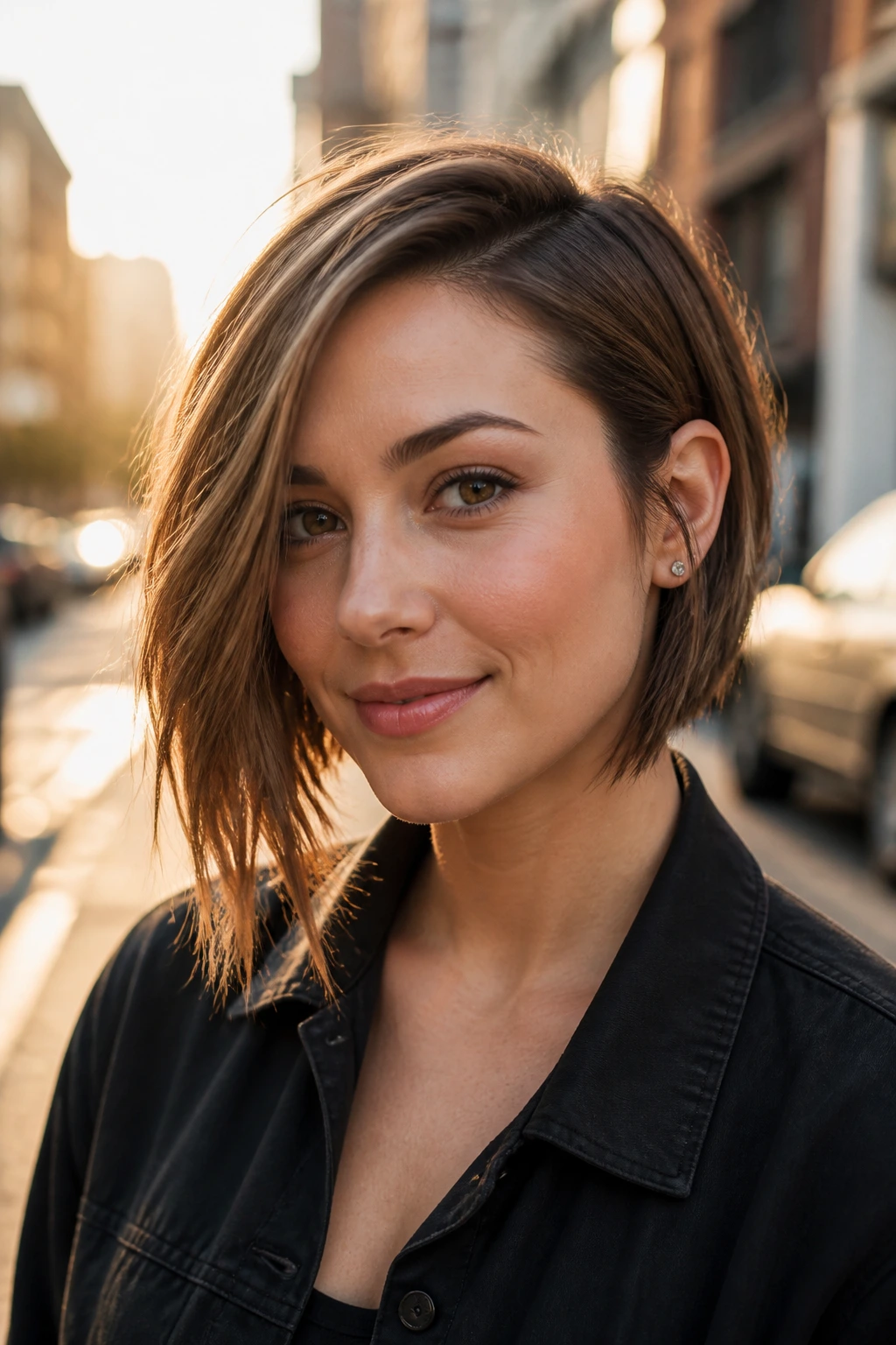 Portrait of a real person with an asymmetrical layered bob in golden hour street scene