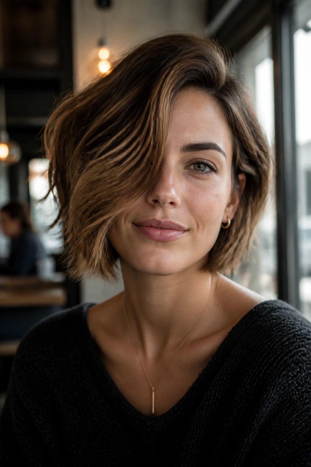 Close-up portrait of a woman with an asymmetrical layered bob and soft waves