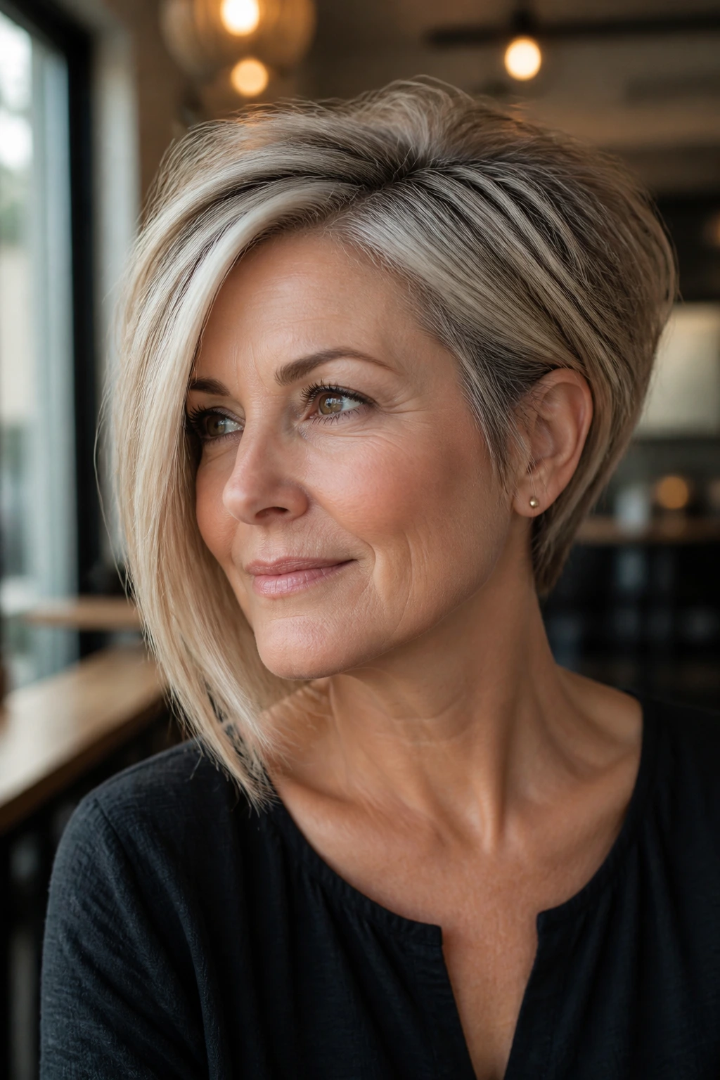 Portrait of a woman with an asymmetrical layered cut showing longer and shorter sides.