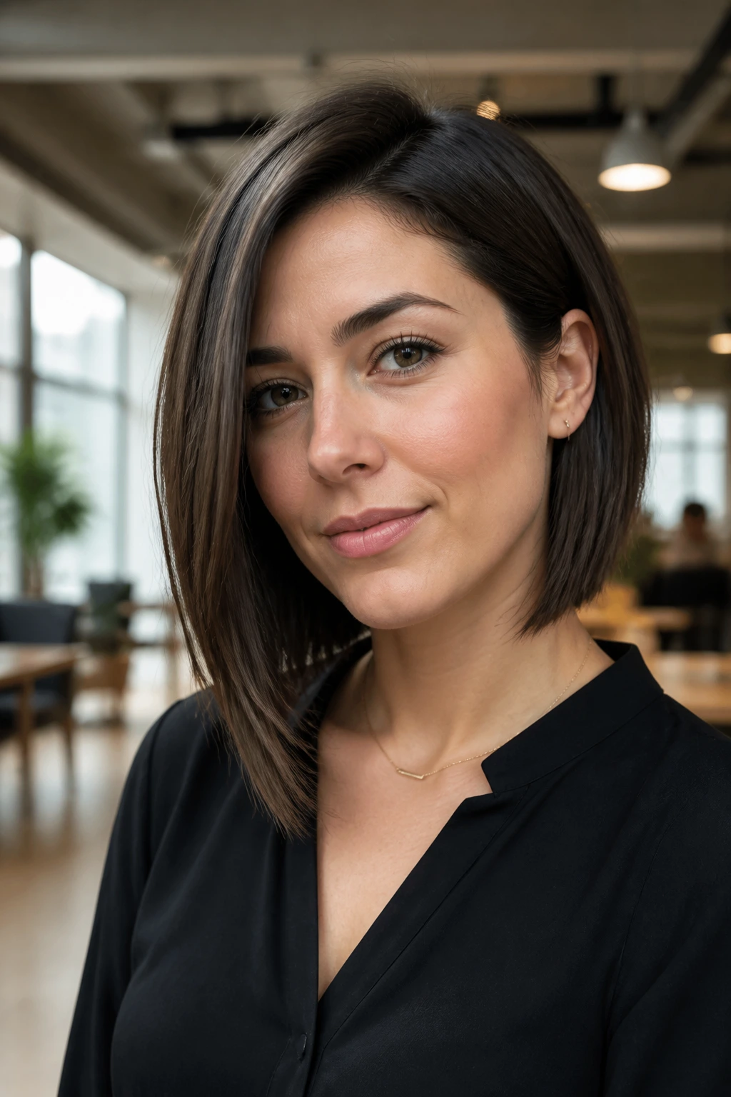 Close-up of a real woman with a low-drama asymmetrical lob in a coworking space