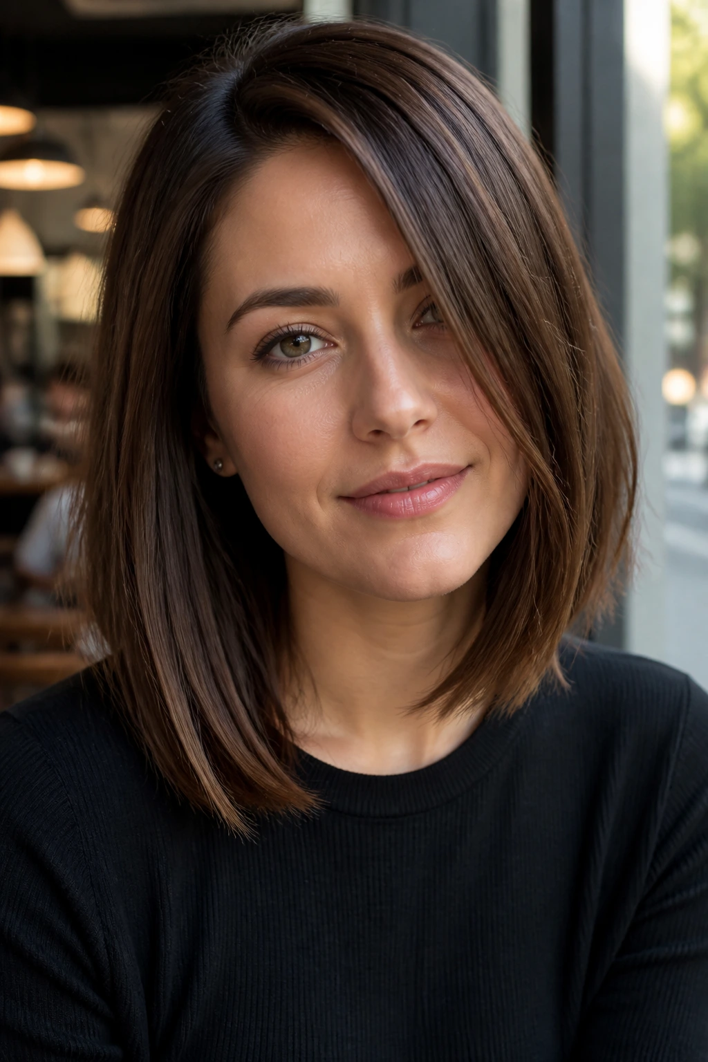 Close-up of a real woman with a subtle asymmetrical lob in brown hair under warm window light