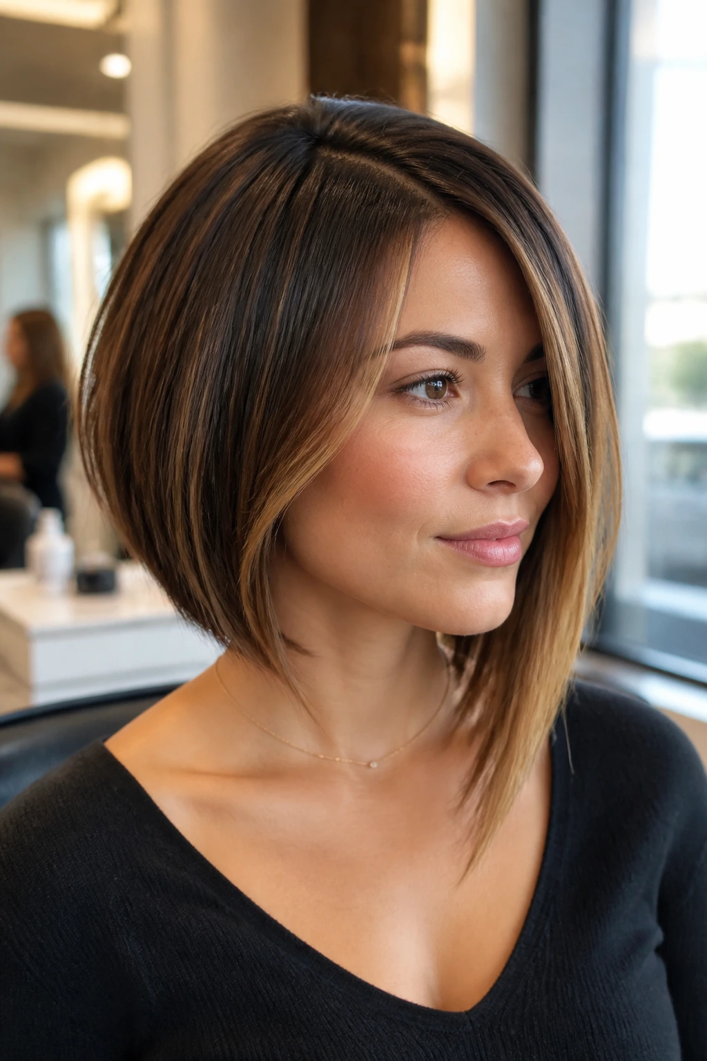 Close-up of a real person with an asymmetrical lob and caramel highlights
